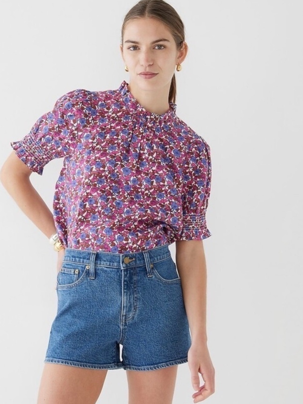J. Crew Women’s Size Medium Smocked Linen Puff-Sleeve Top in Berry Floral Linen